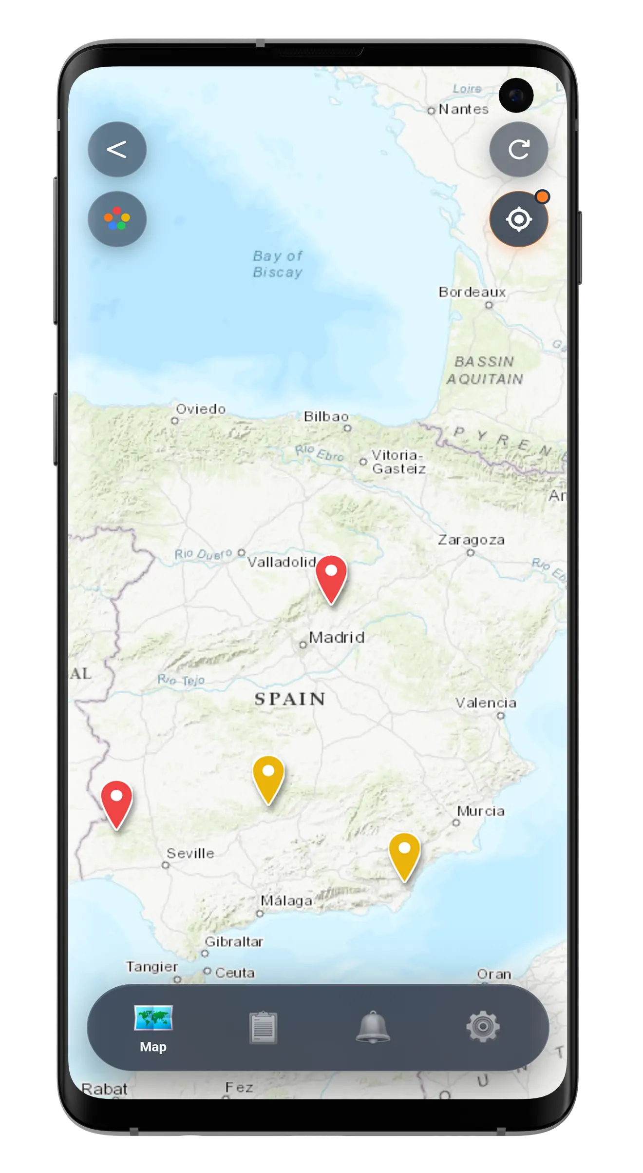 Interfaz de la aplicación mostrando mapa de incendios en tiempo real en Andalucía